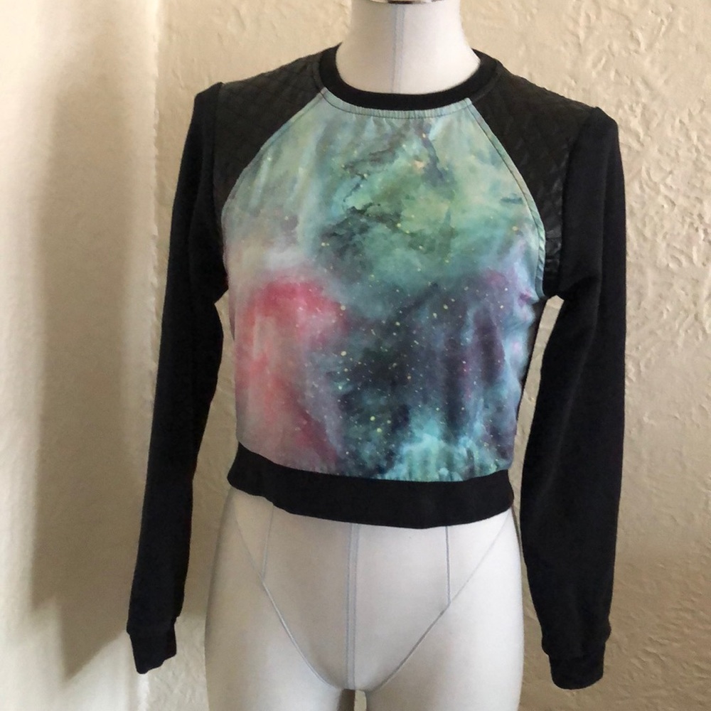 PacSun Galaxy Faux Leather Cropped Sweatshirt Black Green Pink Starry Sky tumblr